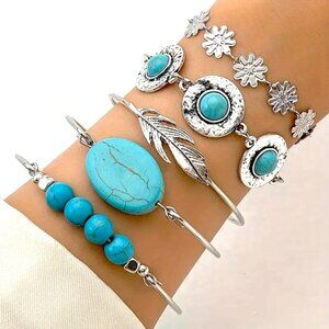 Silver and Turquoise Bohemian Style 5 Piece Bracelet Daisy Feather Design Hippie